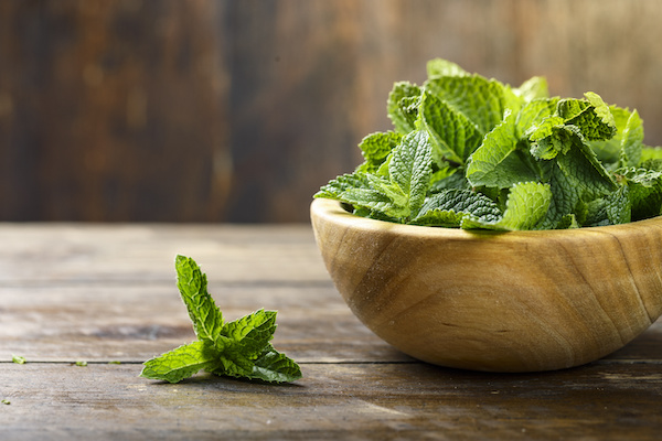 fresh mint on a table in a wooden bowl