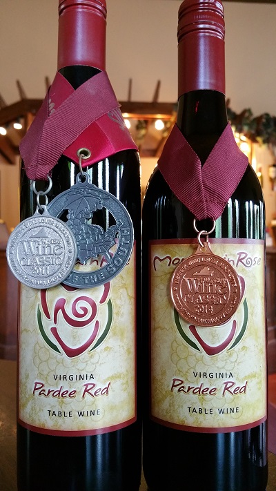 Pardee red bottles with received awards.